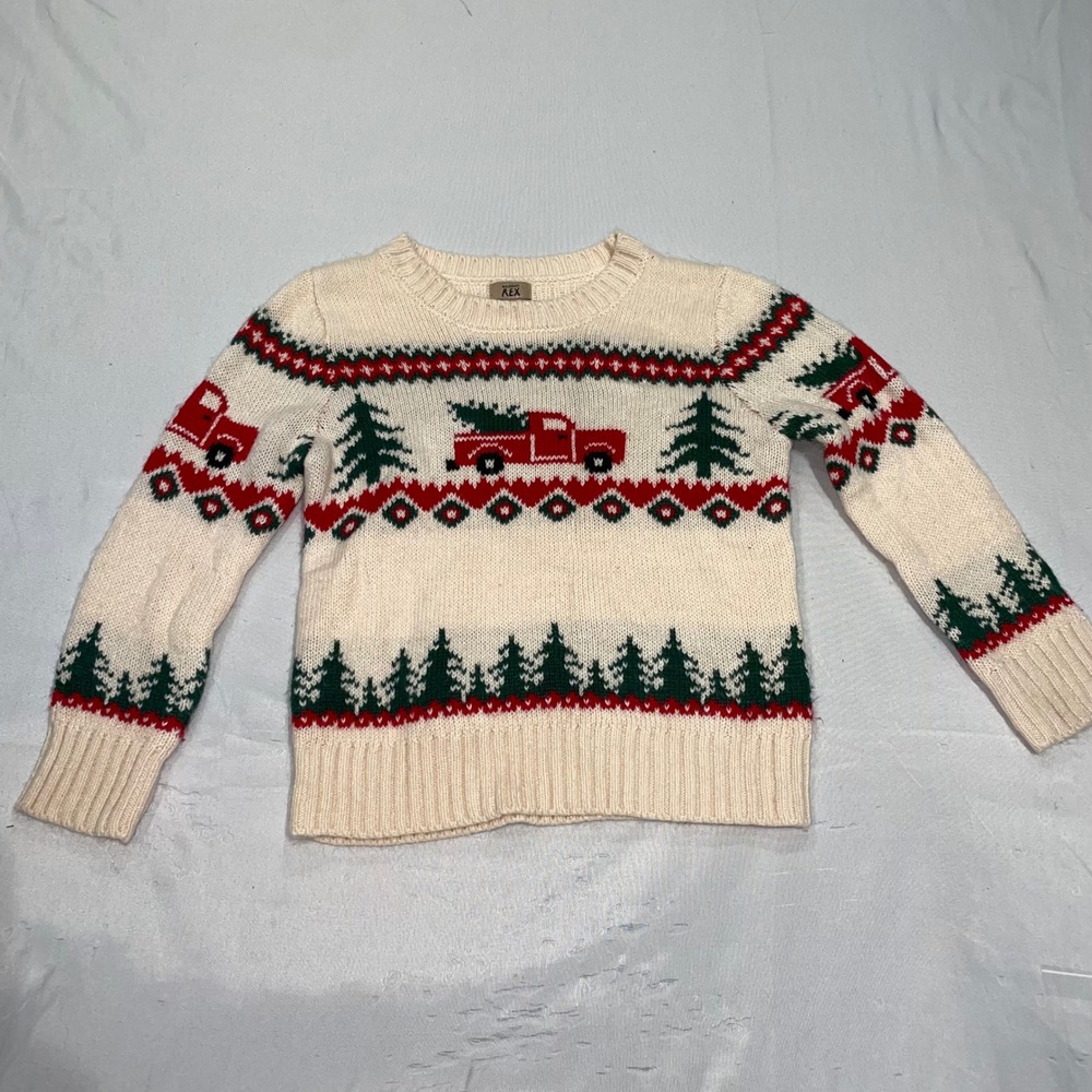 Maximus Rex Toddler Boys Christmas Truck Tree Fair Isle Knit Sweater Cream 3T